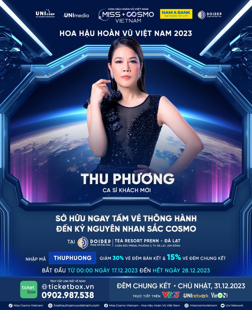 CÔNG BỐ MC VÀ NGHỆ SĨ BIỂU DIỄN ĐÊM CHUNG KẾT HOA HẬU HOÀN VŨ VIỆT NAM - MISS COSMO VIETNAM 2023: CA SĨ THU PHƯƠNG, HƯƠNG GIANG, ANH TÚ, VŨ THẢO MY, MC ĐỨC BẢO - THANH THANH HUYỀN